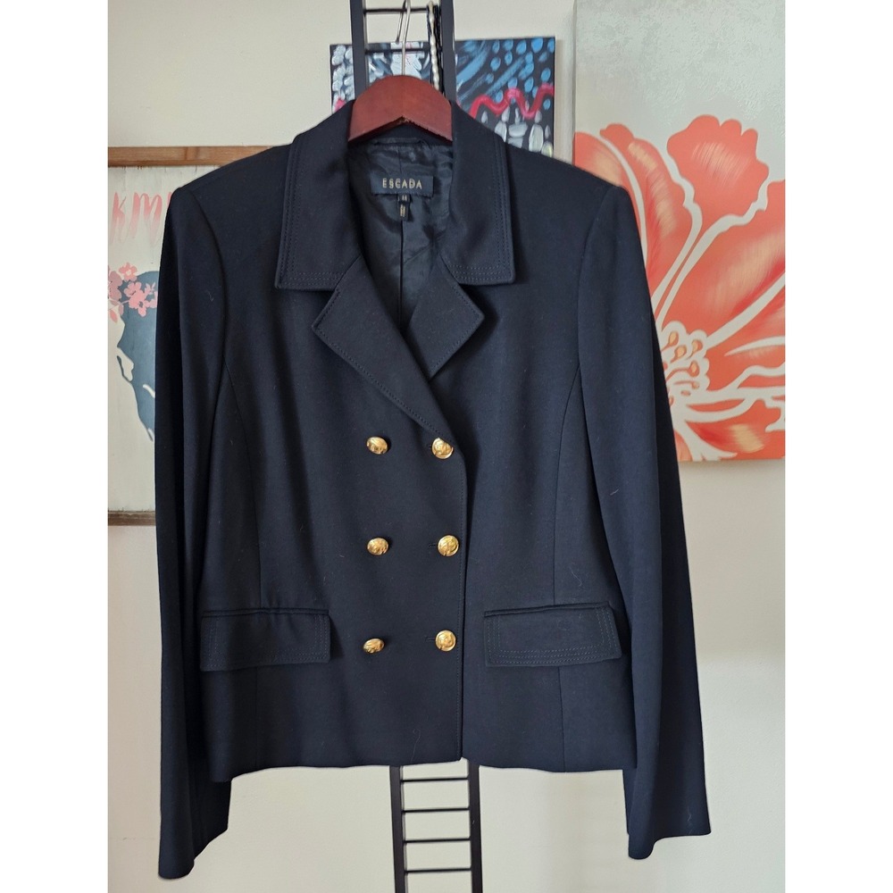 Escada Black Double Breasted Blazer Gold Crest Buttons Size 44 YJ01